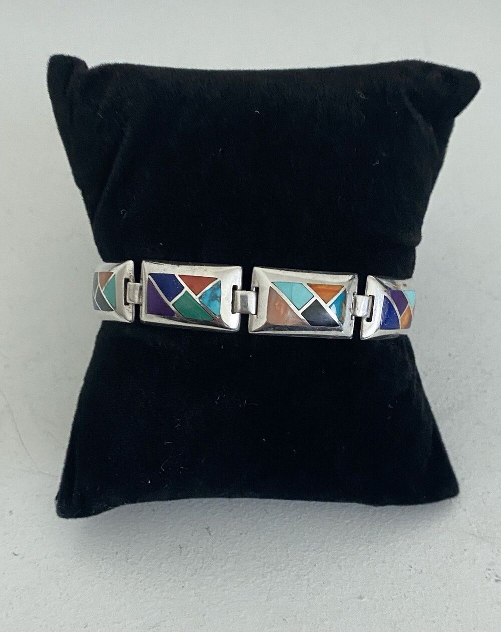 Vintage Native American Teme Geometric Mosaic Gemstone Inlay Panel Bracelet 7”